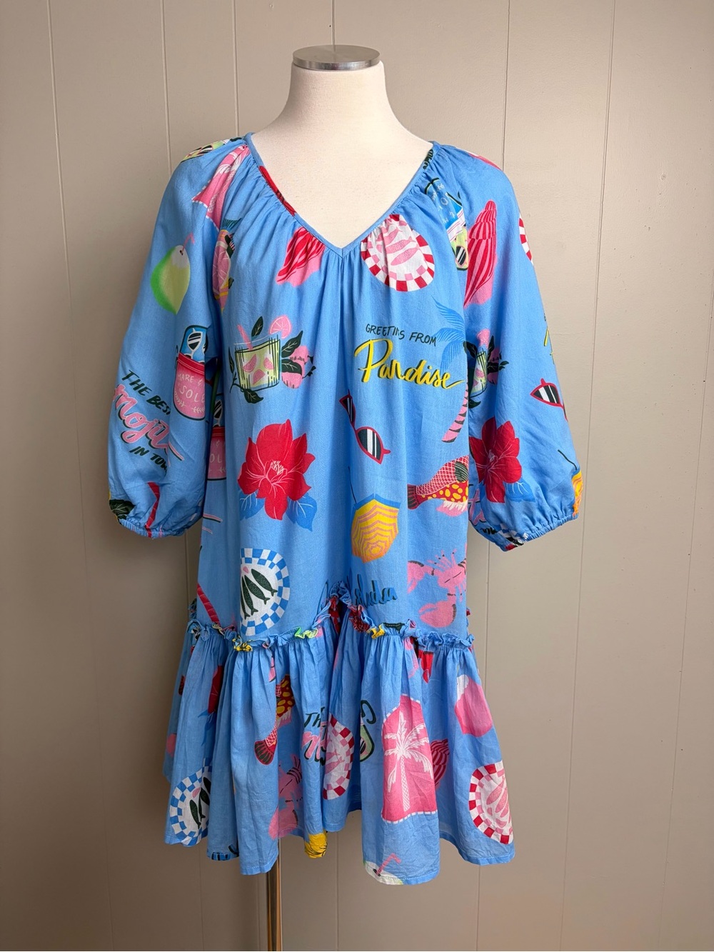 Alden Adair XS Paradise Print Cotton Drop Waist Mini Dress
